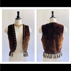1970s style velvet studded vest with fringe paisley brown